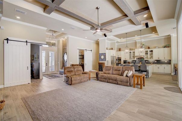 Chandelier, Interior, Kitchen, Living room, Pendant Lights, Recessed Lighting, Wood Texture Flooring