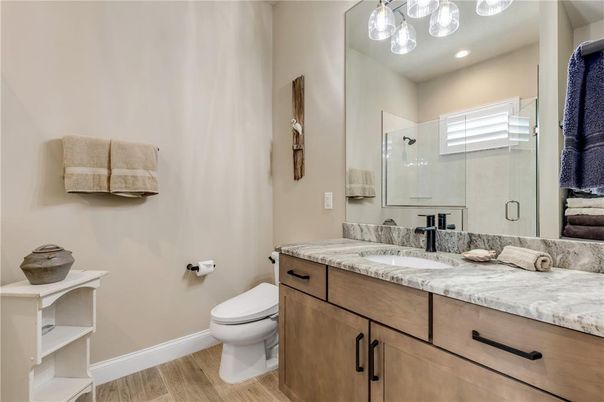 Bathroom, Glass Shower, Interior, Recessed Lighting, Wood Texture Flooring