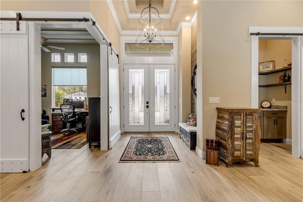 Chandelier, Home Office, Interior, Pendant Lights, Recessed Lighting, Wood Texture Flooring