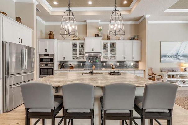 Chandelier, Interior, Kitchen, Pendant Lights, Recessed Lighting, Stainless Steel Appliances, Wood Texture Flooring