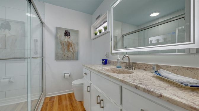 Bathroom, Glass Shower, Interior, Recessed Lighting, Wood Texture Flooring