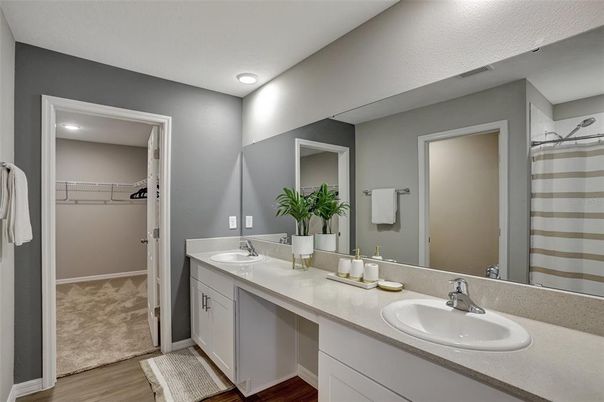 Bathroom, Dual Sink Vanities, Interior, Recessed Lighting, Walk-in Closets, Wood Texture Flooring