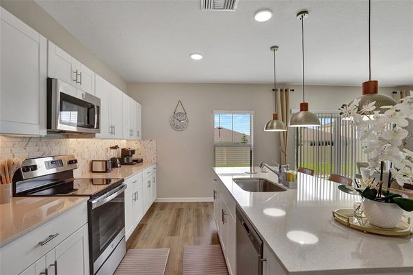 Interior, Kitchen, Pendant Lights, Recessed Lighting, Stainless Steel Appliances, Wood Texture Flooring