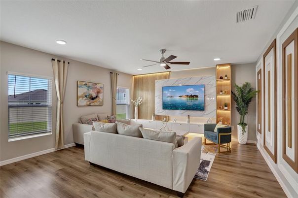 Interior, Living room, Recessed Lighting, Wood Texture Flooring