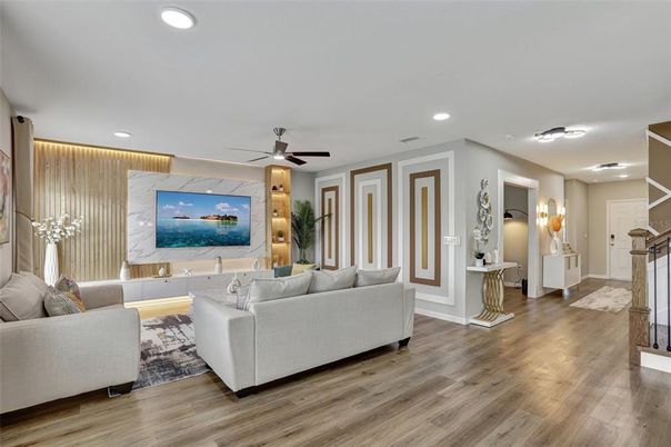 Interior, Living room, Recessed Lighting, Wood Texture Flooring