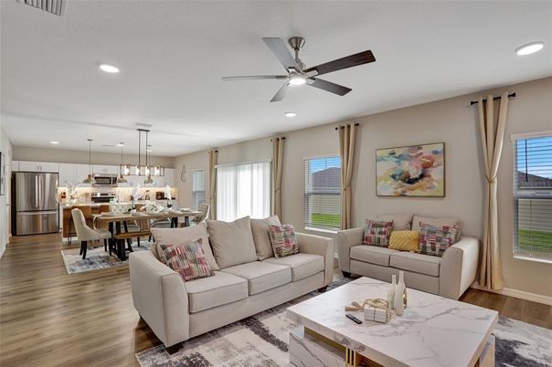 Dining room, Interior, Kitchen, Living room, Pendant Lights, Recessed Lighting, Stainless Steel Appliances, Wood Texture Flooring