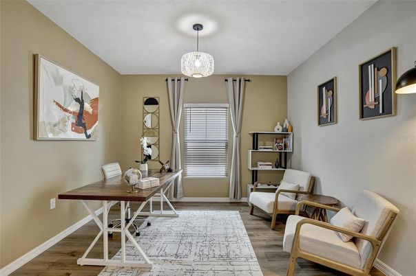 Home Office, Interior, Pendant Lights, Wood Texture Flooring