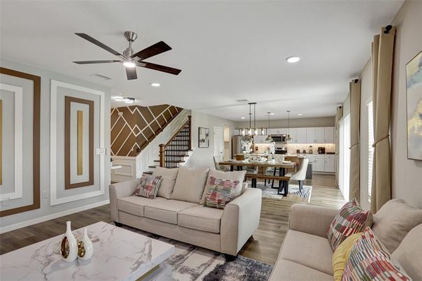 Dining room, Interior, Kitchen, Living room, Pendant Lights, Recessed Lighting, Wood Texture Flooring