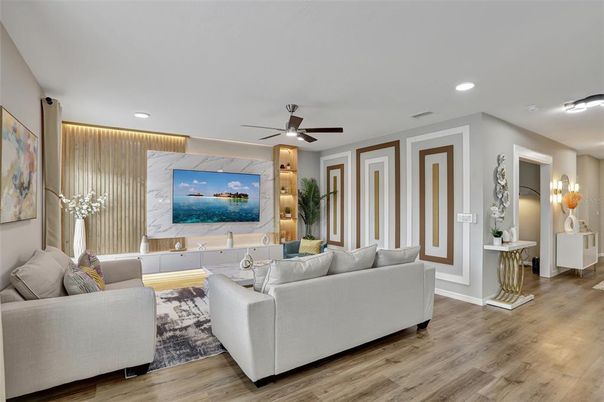 Interior, Living room, Recessed Lighting, Wood Texture Flooring