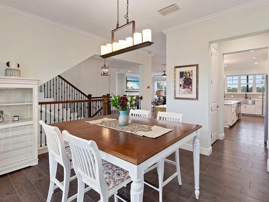 Dining room, Interior, Kitchen, Pendant Lights, Recessed Lighting, Wood Texture Flooring