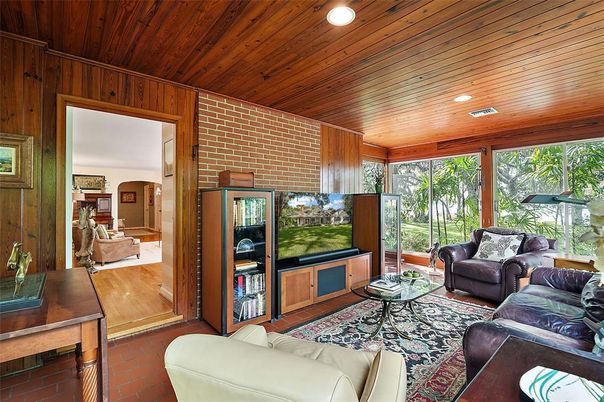 Interior, Living room, Recessed Lighting, Stone Walls, Wooden Ceilings, Wooden Walls