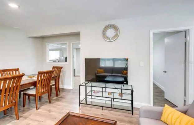 Dining room, Interior, Recessed Lighting, Wood Texture Flooring