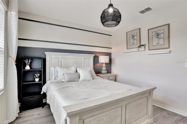 Bedroom, Interior, Pendant Lights, Wood Texture Flooring