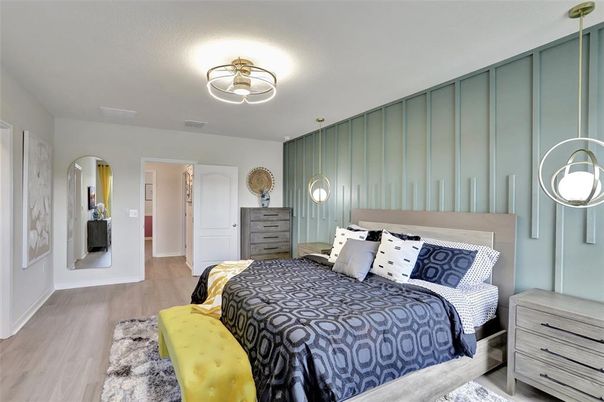 Bedroom, Interior, Pendant Lights, Wood Texture Flooring