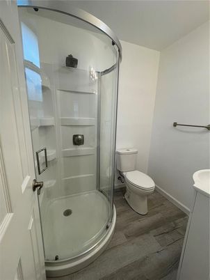 Bathroom, Glass Shower, Interior, Wood Texture Flooring