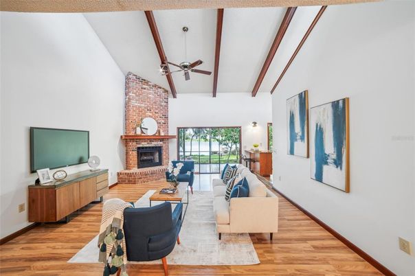 Fireplace, Interior, Living room, Stone Walls, Wooden Beams, Wood Texture Flooring