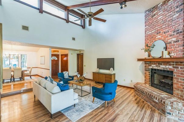 Dining room, Fireplace, Interior, Living room, Pendant Lights, Stone Walls, Wood Texture Flooring