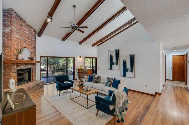 Fireplace, Interior, Living room, Stone Walls, Wooden Beams, Wood Texture Flooring