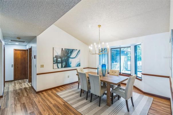 Dining room, Interior, Pendant Lights, Wood Texture Flooring