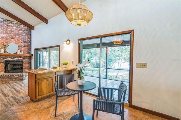Fireplace, Interior, Kitchen, Pendant Lights, Stone Walls, Wooden Beams, Wood Texture Flooring