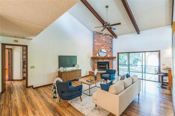 Fireplace, Interior, Living room, Stone Walls, Wooden Beams, Wood Texture Flooring