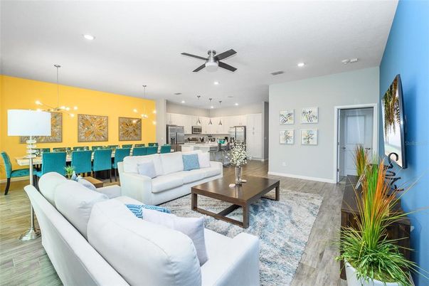 Dining room, Interior, Kitchen, Living room, Pendant Lights, Recessed Lighting, Stainless Steel Appliances, Wood Texture Flooring