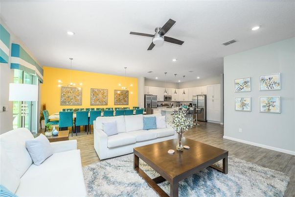 Dining room, Interior, Kitchen, Living room, Pendant Lights, Recessed Lighting, Stainless Steel Appliances, Wood Texture Flooring