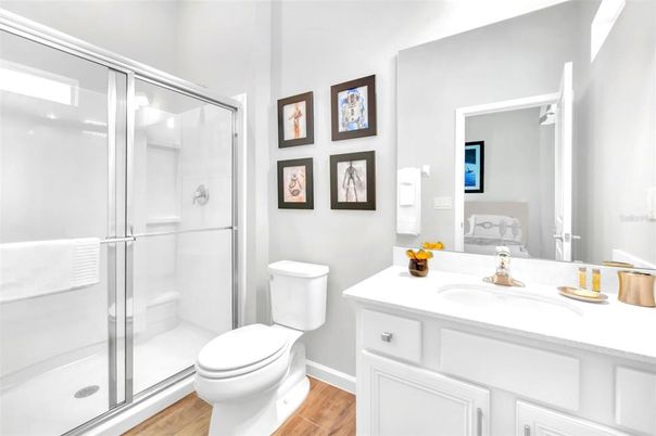 Bathroom, Glass Shower, Interior, Wood Texture Flooring