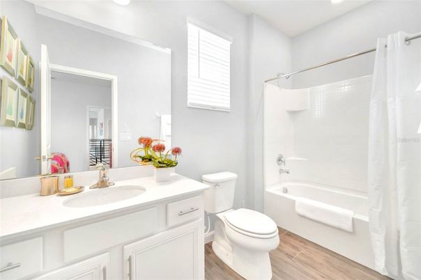 Bathroom, Interior, Recessed Lighting, Wood Texture Flooring