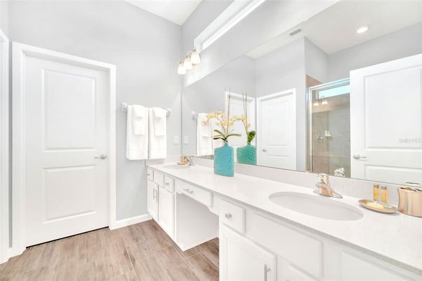 Bathroom, Dual Sink Vanities, Interior, Recessed Lighting, Wood Texture Flooring