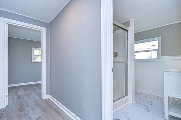 Bathroom, Glass Shower, Interior, Marble, Wood Texture Flooring