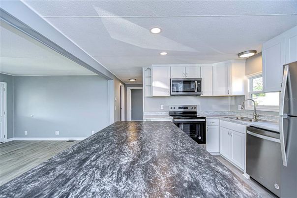 Interior, Kitchen, Recessed Lighting, Stainless Steel Appliances, Wood Texture Flooring