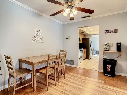 Dining room, Interior, Kitchen, Recessed Lighting, Wood Texture Flooring