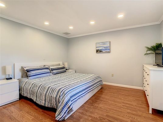 Bedroom, Interior, Recessed Lighting, Wood Texture Flooring