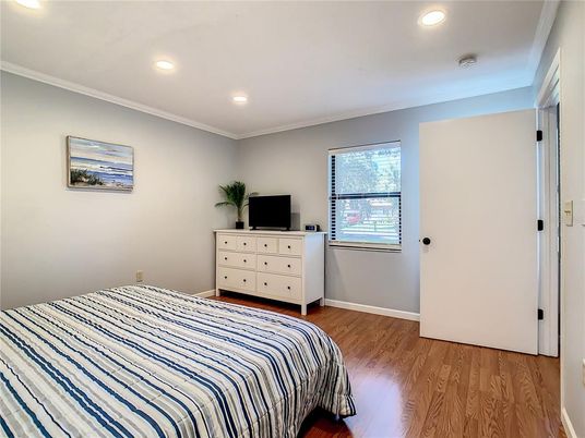 Bedroom, Interior, Recessed Lighting, Wood Texture Flooring