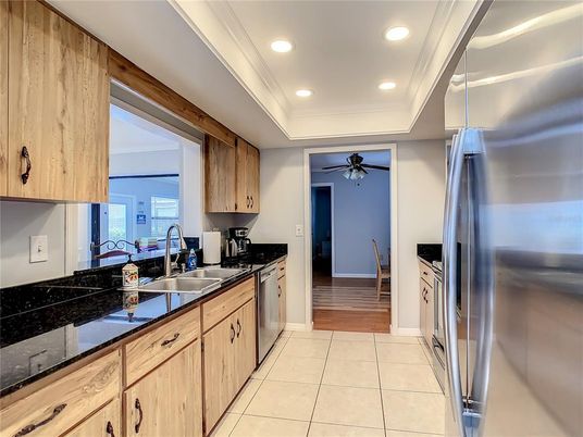 Interior, Kitchen, Recessed Lighting, Stainless Steel Appliances, Wood Texture Flooring