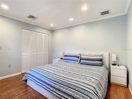 Bedroom, Interior, Recessed Lighting, Wood Texture Flooring