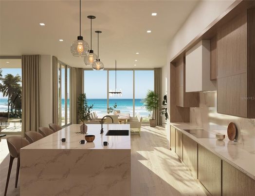 Dining room, Interior, Kitchen, Pendant Lights, Recessed Lighting, Water, Wood Texture Flooring