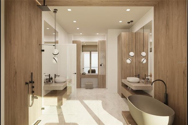 Bathroom, Dual Sink Vanities, Free Standing Baths, Interior, Pendant Lights, Recessed Lighting