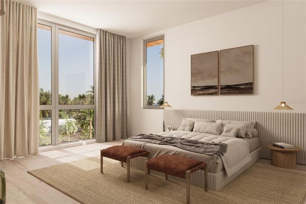 Bedroom, Interior, Pendant Lights, Wood Texture Flooring