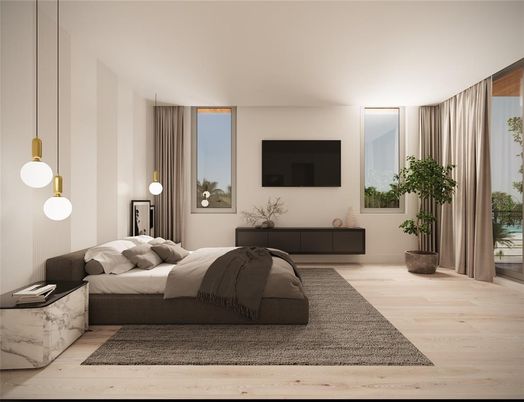 Bedroom, Interior, Pendant Lights, Wood Texture Flooring