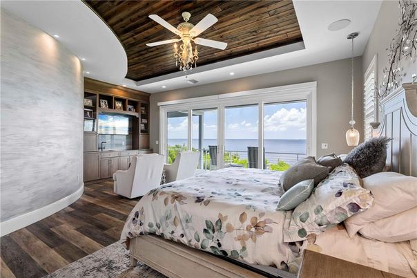 Bedroom, Interior, Pendant Lights, Recessed Lighting, Water, Wooden Ceilings, Wood Texture Flooring