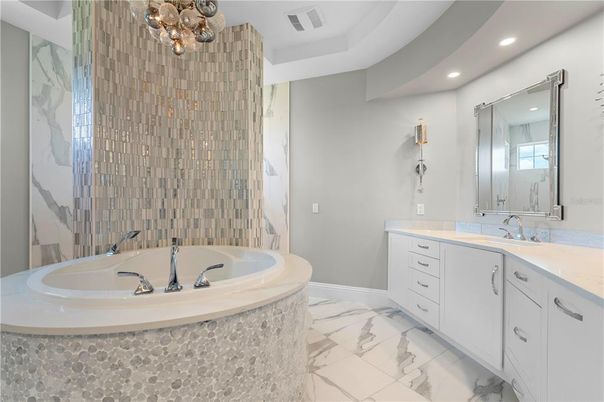 Bathroom, Dual Sink Vanities, Interior, Marble, Recessed Lighting