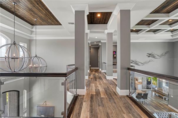 Chandelier, Interior, Pendant Lights, Recessed Lighting, Wooden Ceilings, Wood Texture Flooring
