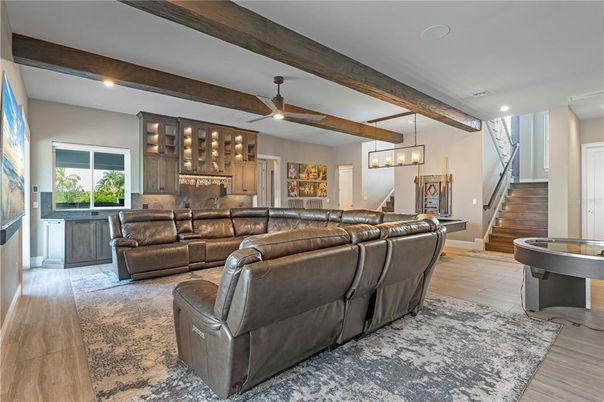 Interior, Kitchen, Living room, Pendant Lights, Recessed Lighting, Wooden Beams, Wood Texture Flooring