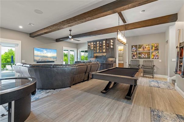 Billiard Table, Game Room, Interior, Living room, Pendant Lights, Recessed Lighting, Wooden Beams, Wood Texture Flooring