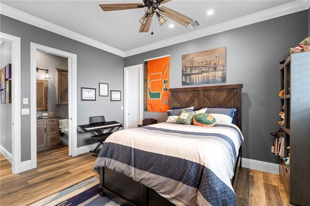 Bedroom, Interior, Recessed Lighting, Wood Texture Flooring