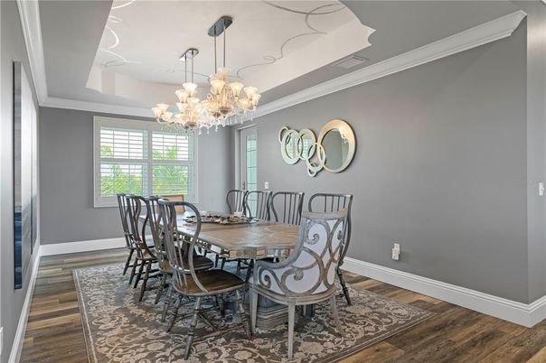 Chandelier, Dining room, Interior, Wood Texture Flooring