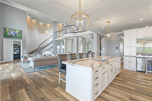 Chandelier, Interior, Kitchen, Pendant Lights, Recessed Lighting, Wood Texture Flooring
