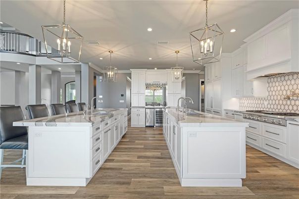 Chandelier, Interior, Kitchen, Pendant Lights, Recessed Lighting, Stainless Steel Appliances, Wood Texture Flooring
